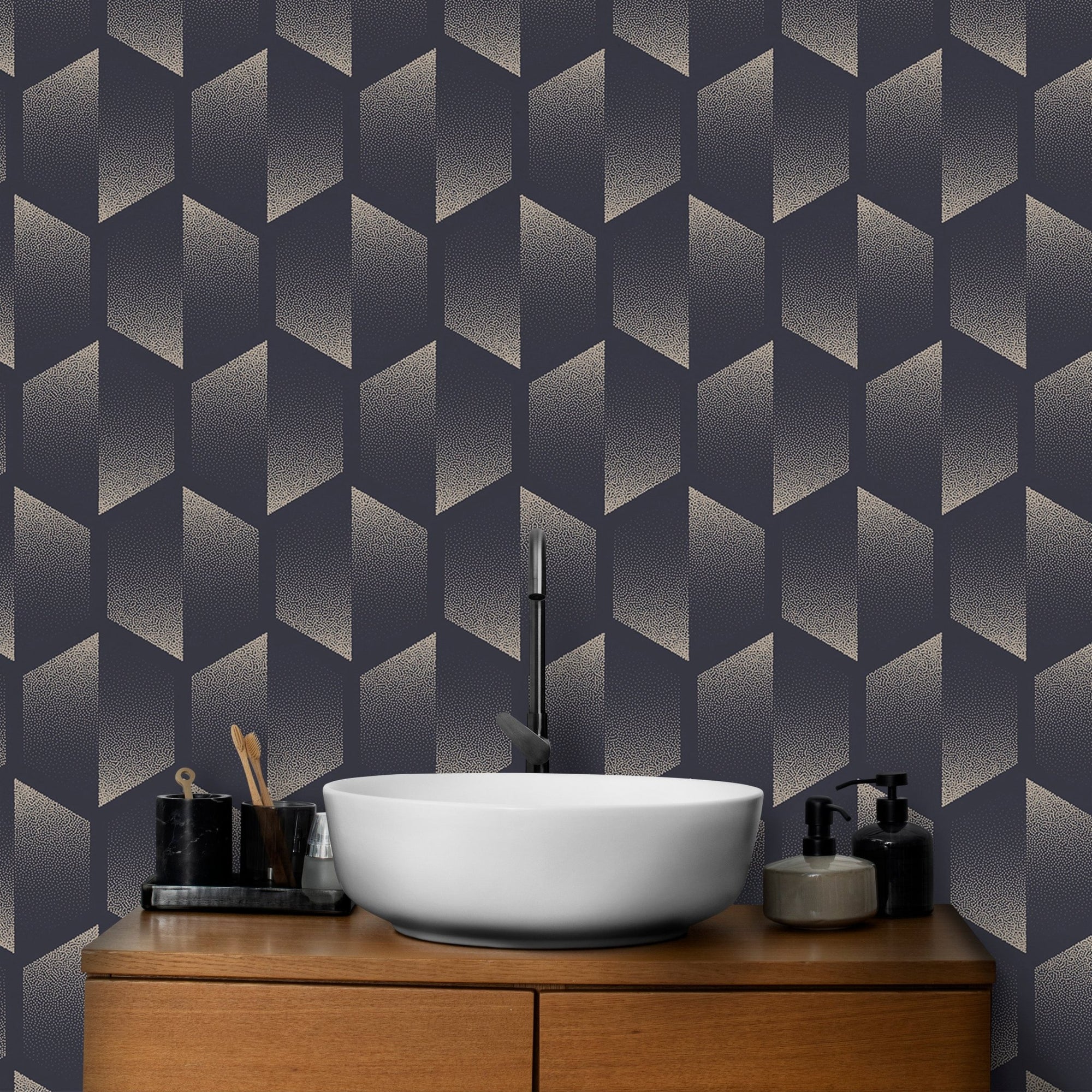 Split hexagon design in old-fashioned Deco wallpaper in washroom.