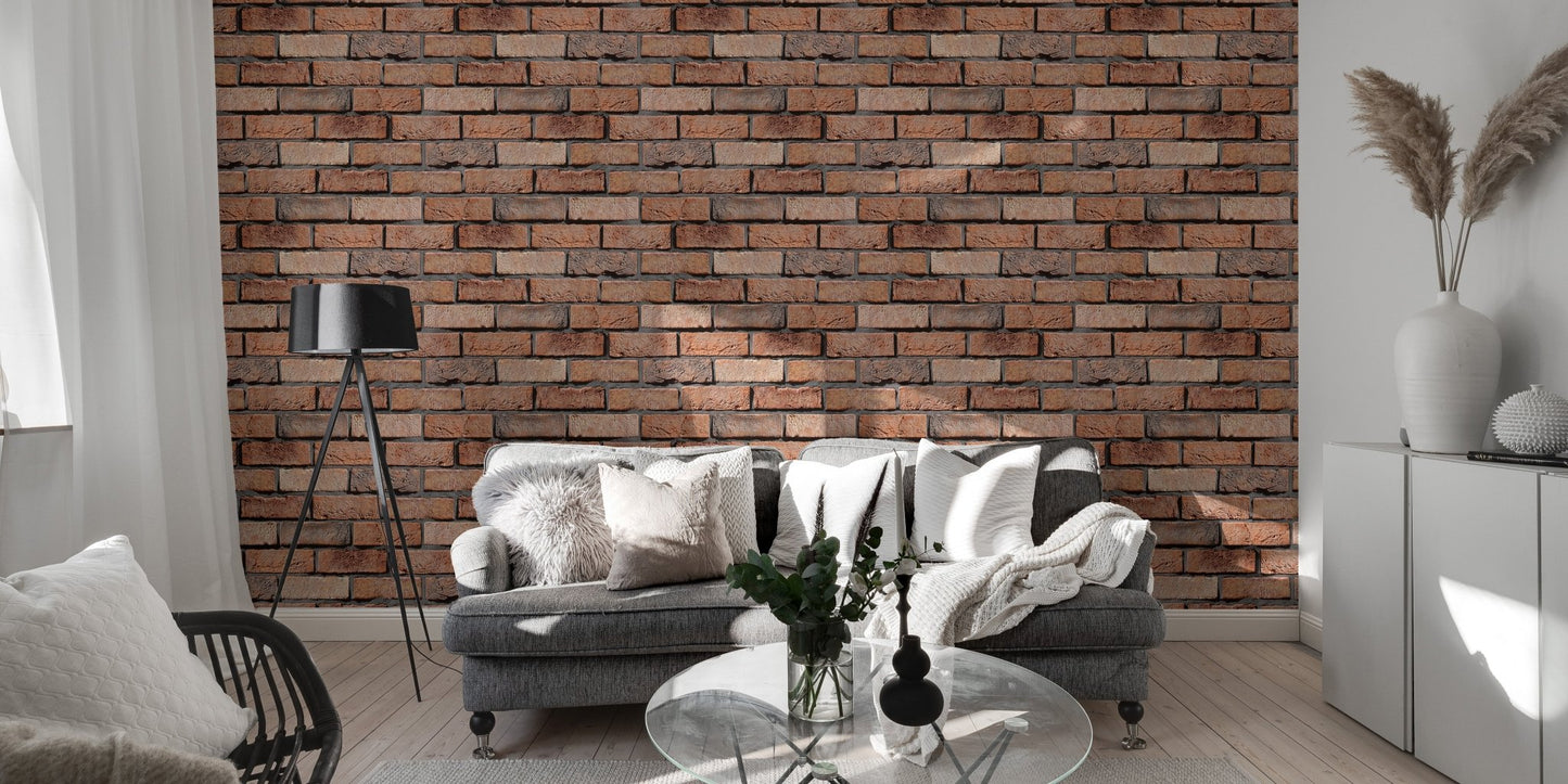 Old Red Brick Wall Rustic Texture Design Wallpaper in a modern living room setting