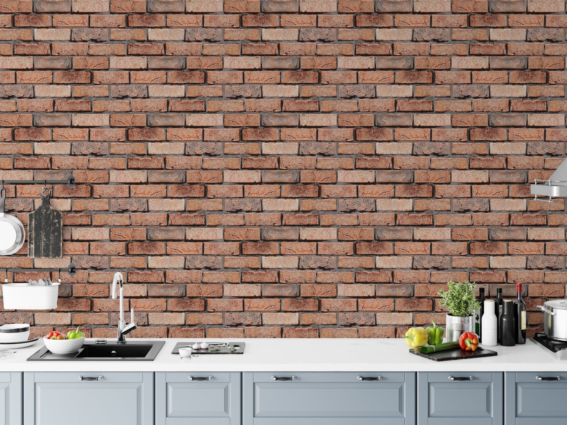Textured brick wallpaper used as a kitchen backsplash behind a white counter