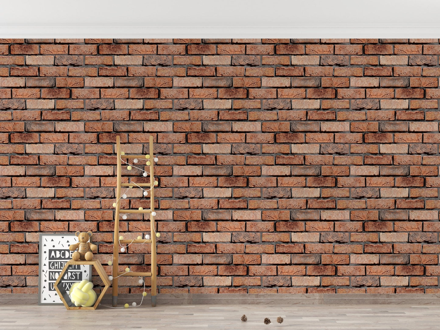 Realistic brick wallpaper behind a minimalist floor display with a ladder