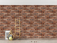 Realistic brick wallpaper behind a minimalist floor display with a ladder
