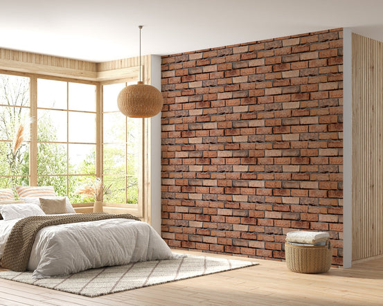 Brick pattern wallpaper on a bedroom feature wall with large windows