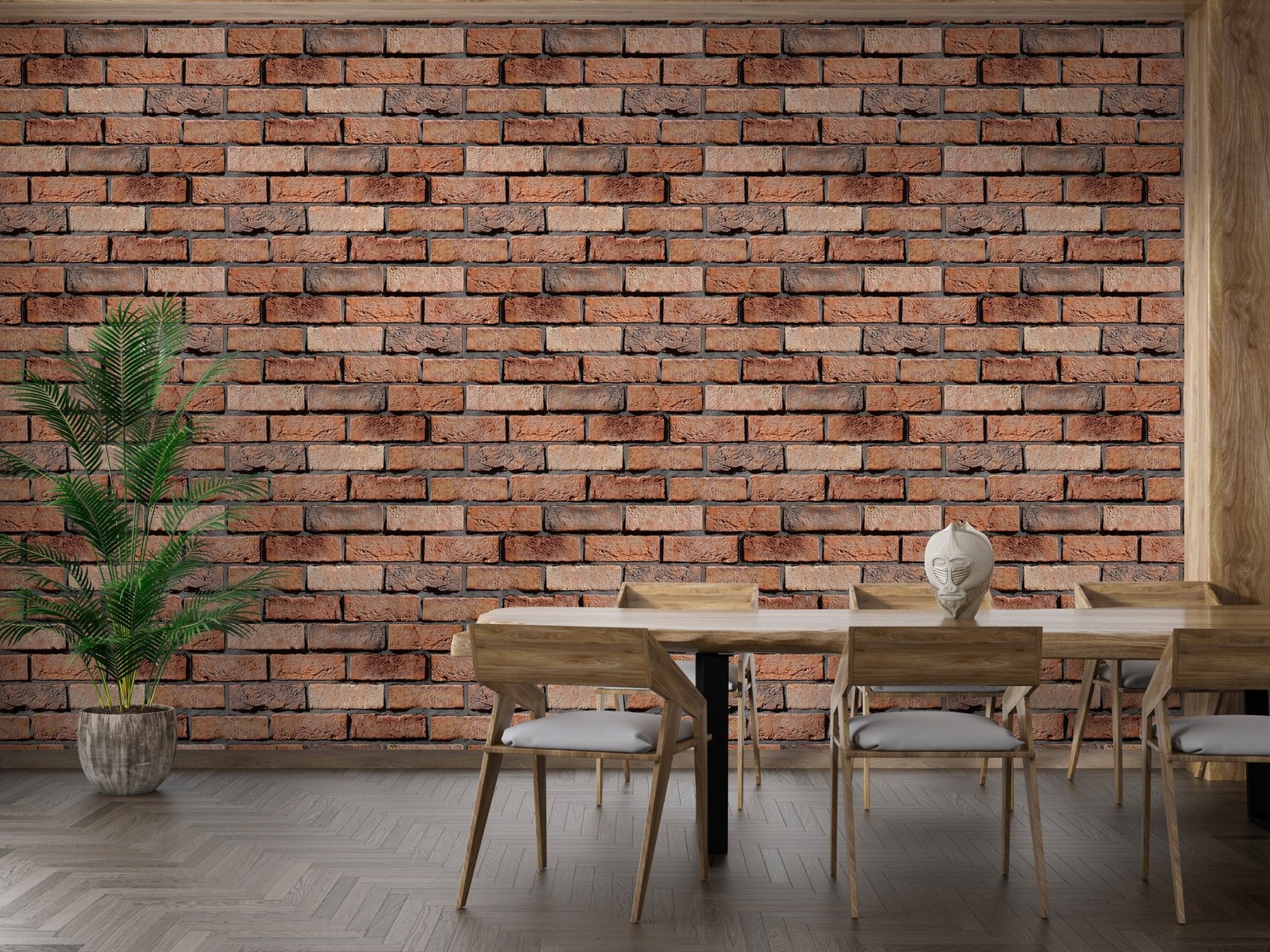 Old Red Brick Wall Rustic Texture Design Wallpaper in a dining room with wooden chairs