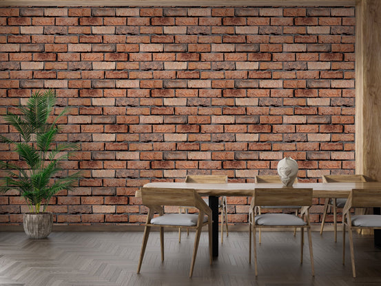Old Red Brick Wall Rustic Texture Design Wallpaper in a dining room with wooden chairs