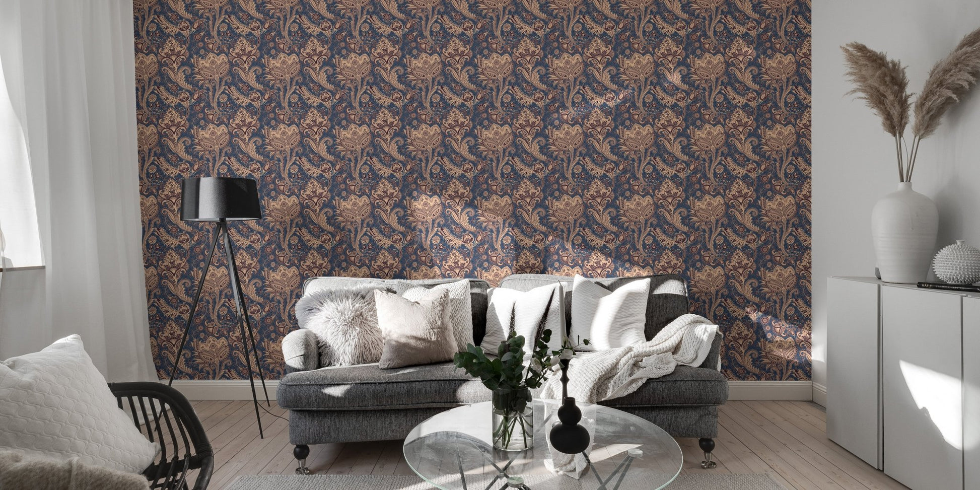 Floral backdrop wallpaper in living room with grey sofa and glass table.