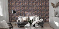 Floral backdrop wallpaper in living room with grey sofa and glass table.