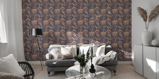Floral backdrop wallpaper in living room with grey sofa and glass table.