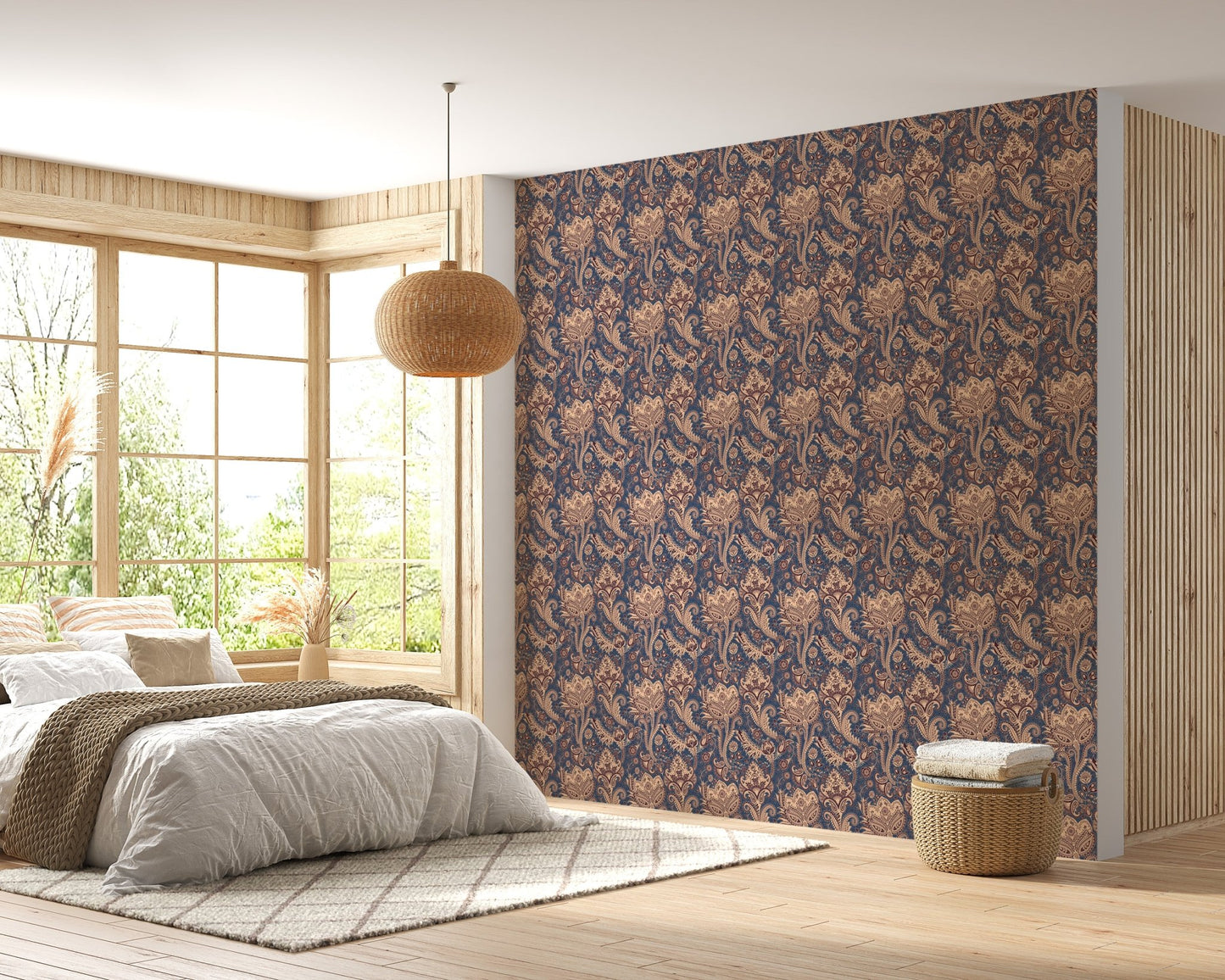 Large floral backdrop wallpaper in sunlit bedroom with wooden bed frame.
