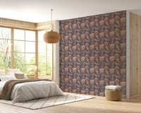 Large floral backdrop wallpaper in sunlit bedroom with wooden bed frame.