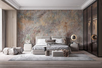 Old Rustic Concrete Stone Wall Mural in a bedroom with a low platform bed and rug.