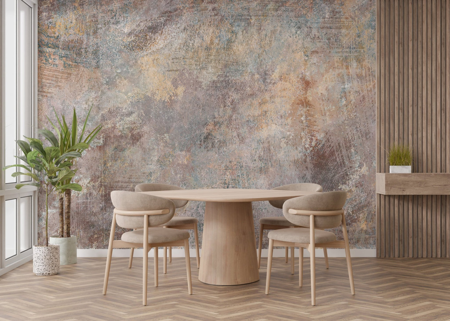 Grey and rust stone wall mural in a dining space with a round wooden table.