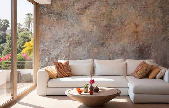 Concrete wall mural in a sunlit living room with a white sectional sofa and balcony.