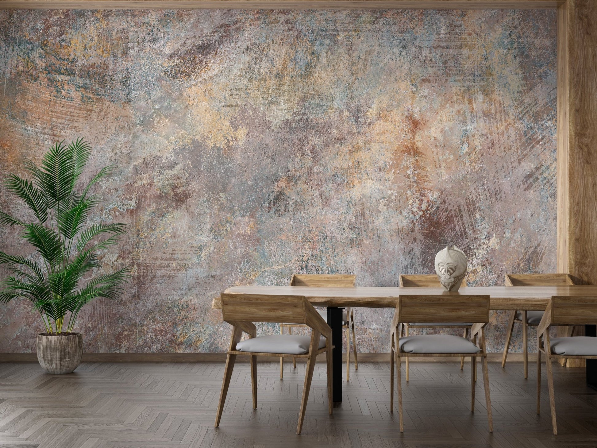 Old Rustic Concrete Stone Wall Mural with a green plant in a modern dining room.