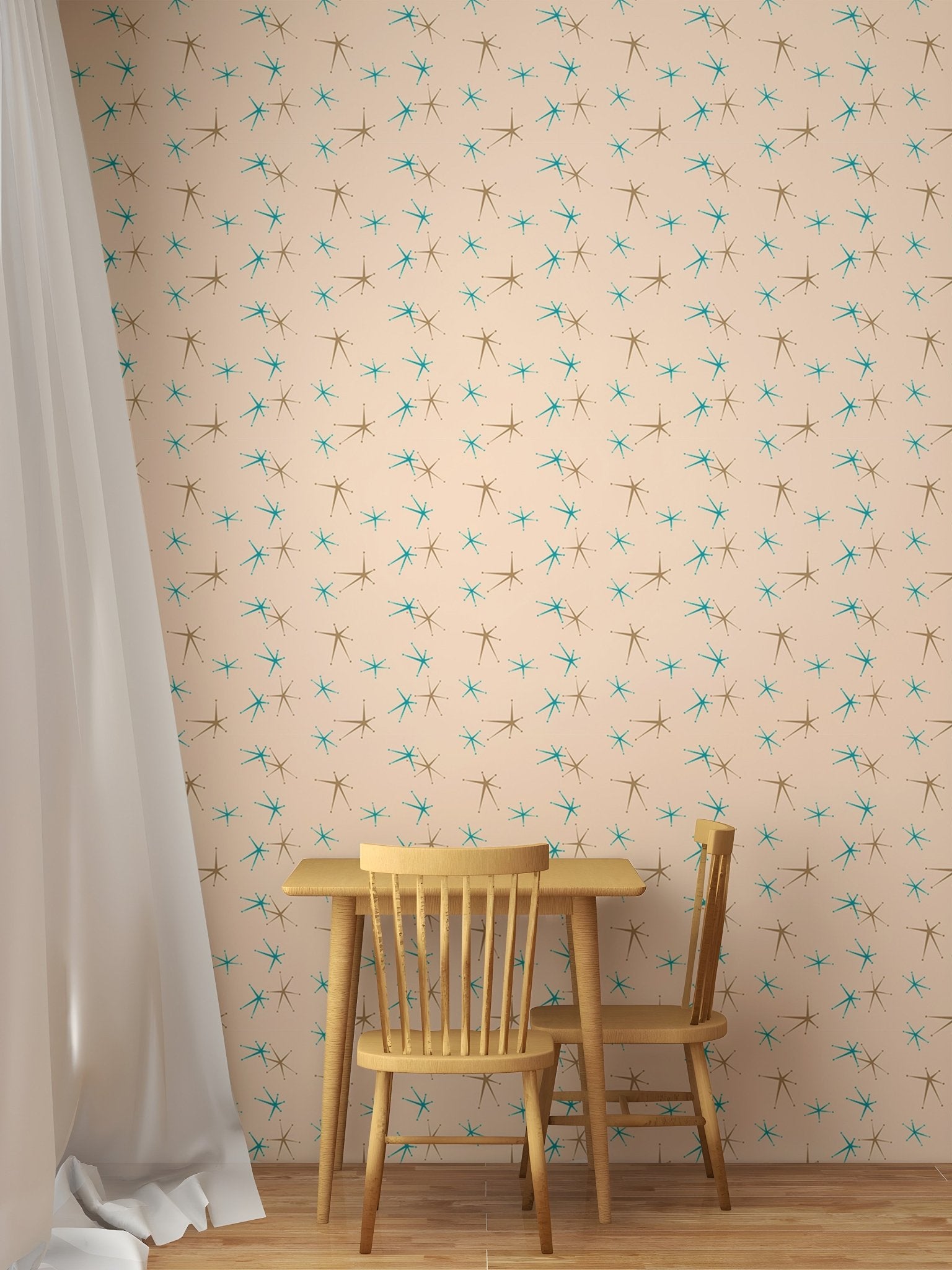 Small wooden dining set against a neutral atomic pattern wall mural.