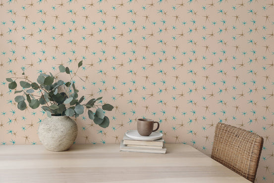 Old snow fleck illustration atomic vintage wall mural on a study desk wall.