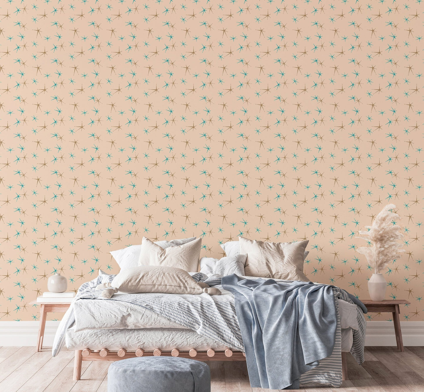 Wide view of a bedroom featuring an atomic vintage pattern wall mural.