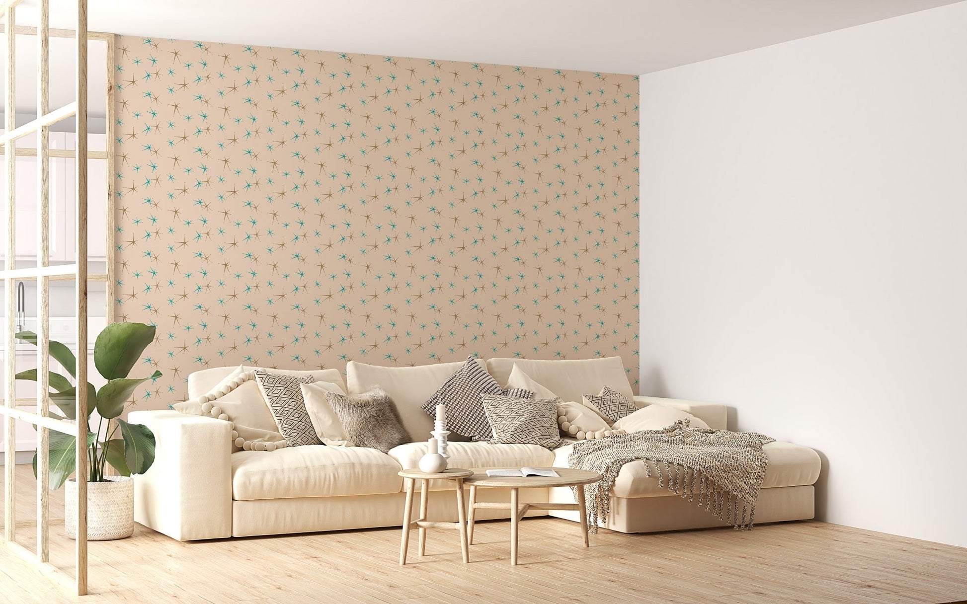 Large living space with beige atomic vintage mural on a feature wall.