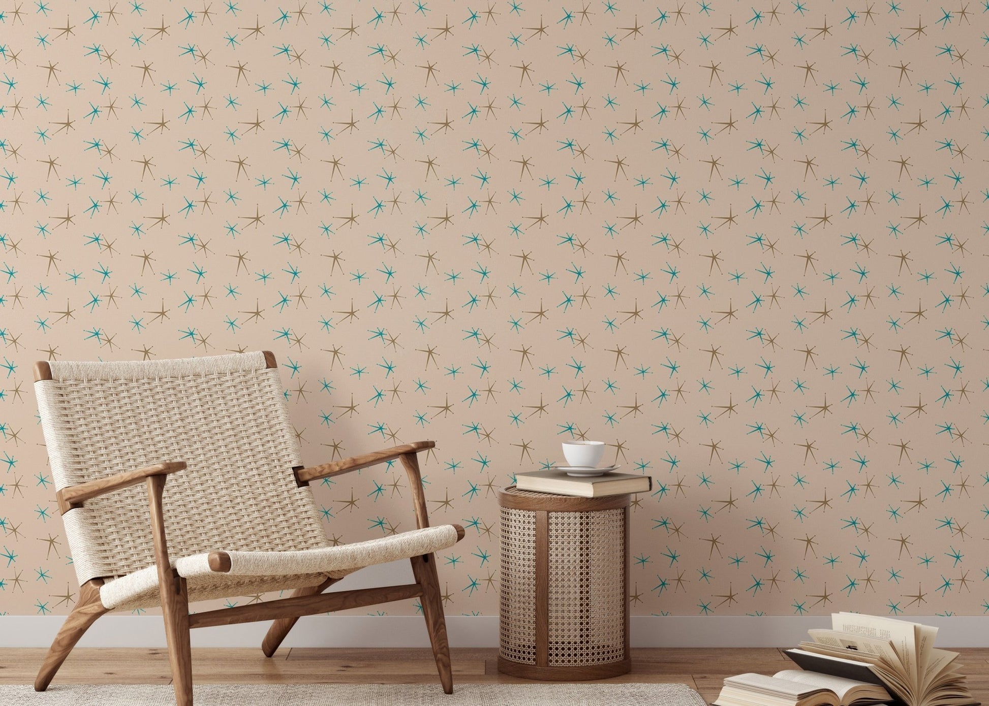 Minimalist reading area featuring a beige vintage atomic wall mural.