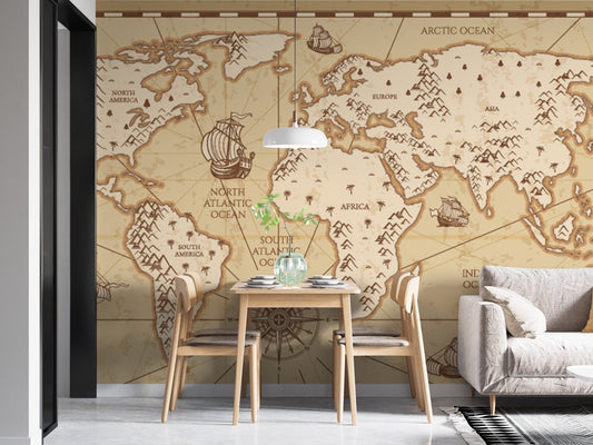 Old Vintage Part of World Map wall mural in beige home dining space.