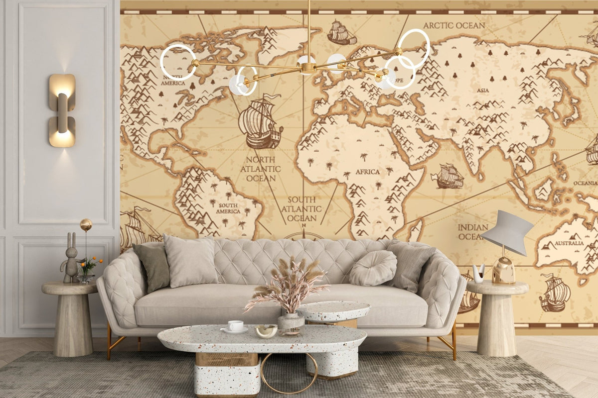 Vintage atlas wall mural for living area with wooden console and decor