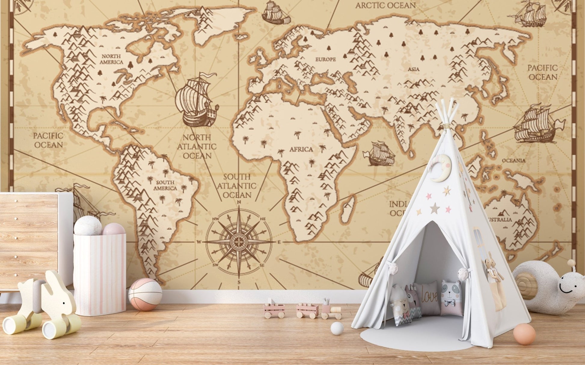 Rustic world map wallpaper with vintage patterns
