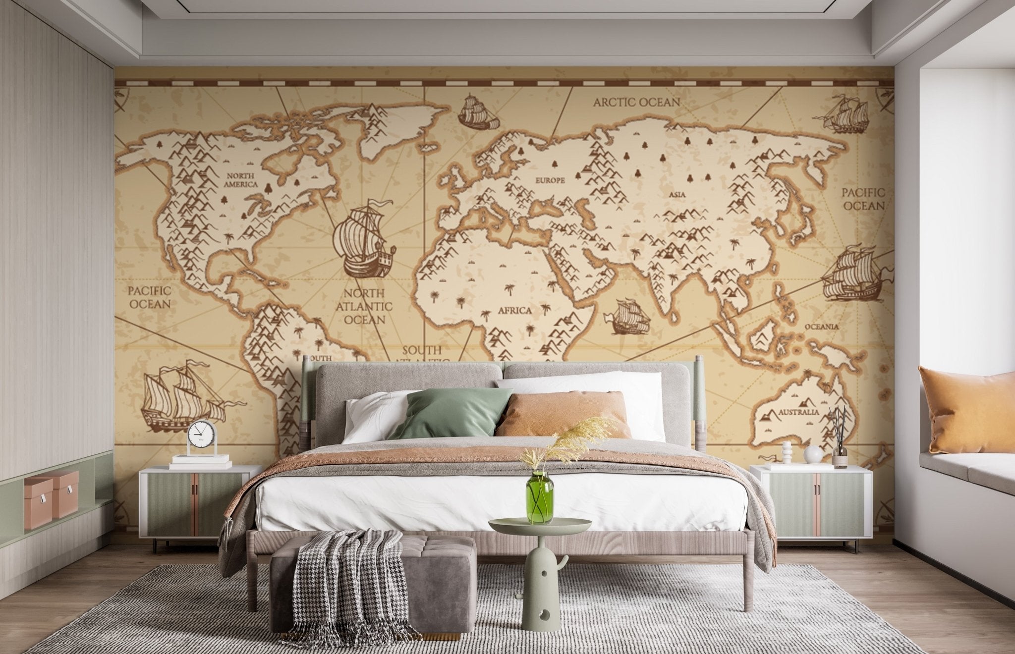 Beige world map mural for bedroom wall with elegant classic look