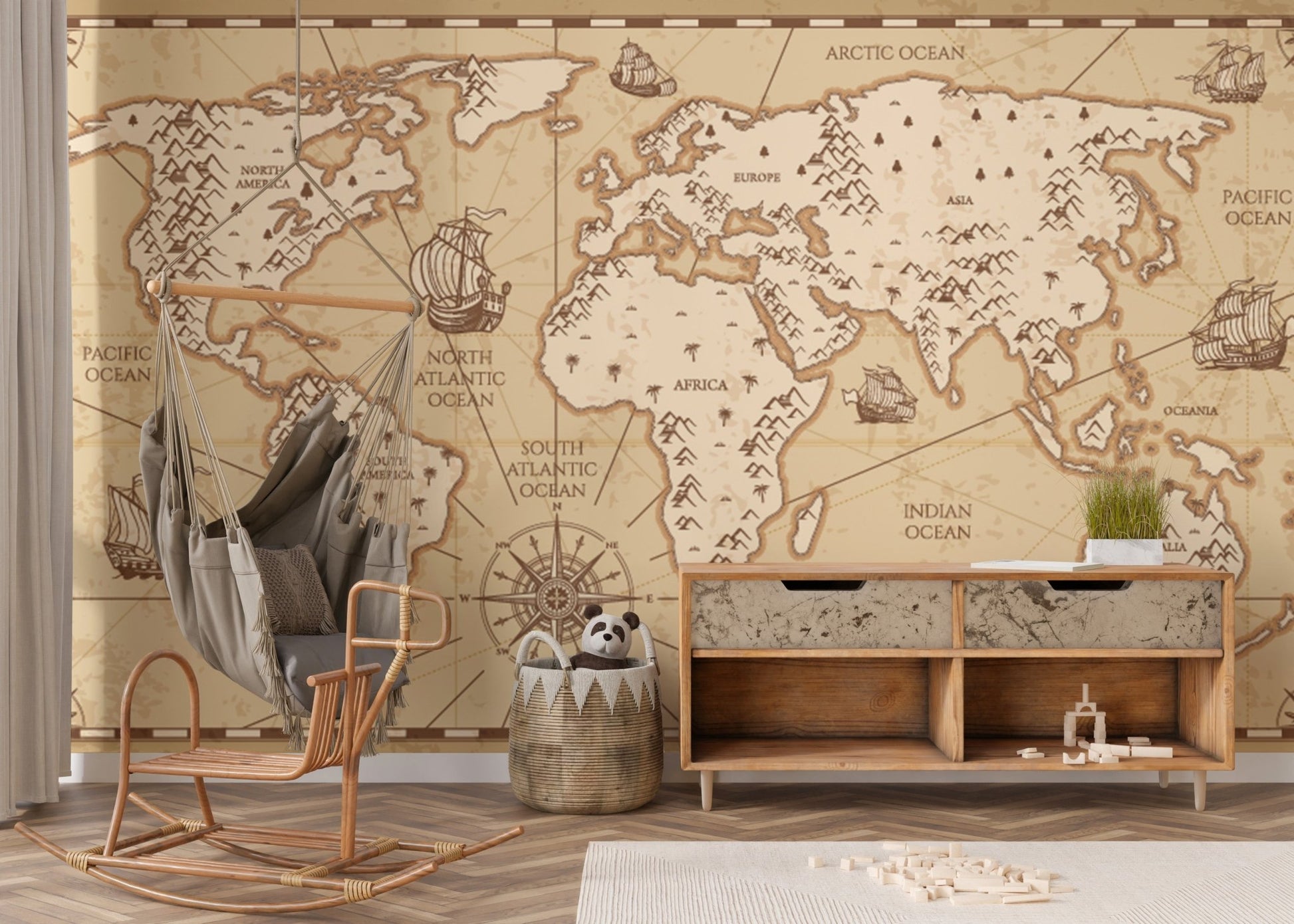 Aged map mural design with old-world appeal
