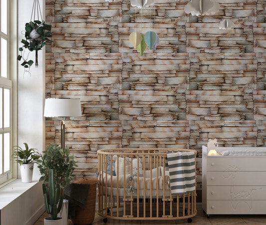 Old Vintage Sandstone Bathroom Wall Decor Wallpaper in nursery with wooden crib.