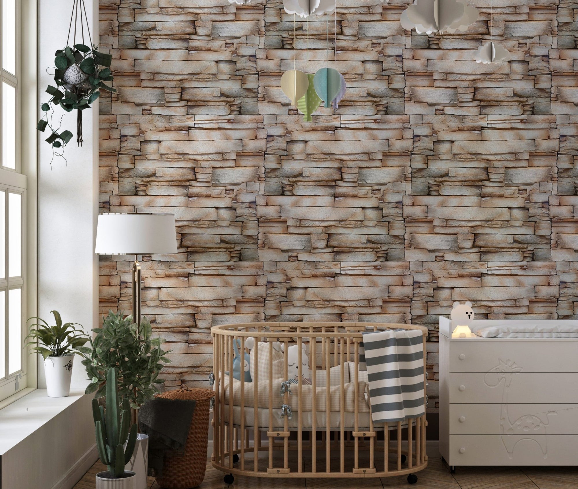 Old Vintage Sandstone Bathroom Wall Decor Wallpaper in nursery with wooden crib.