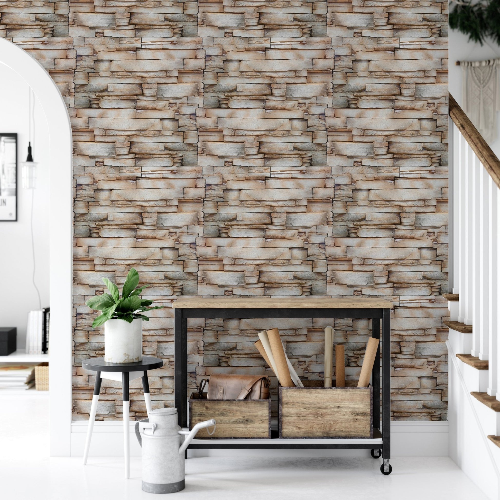 Neutral stone wallpaper in a hallway with a black metal console table.