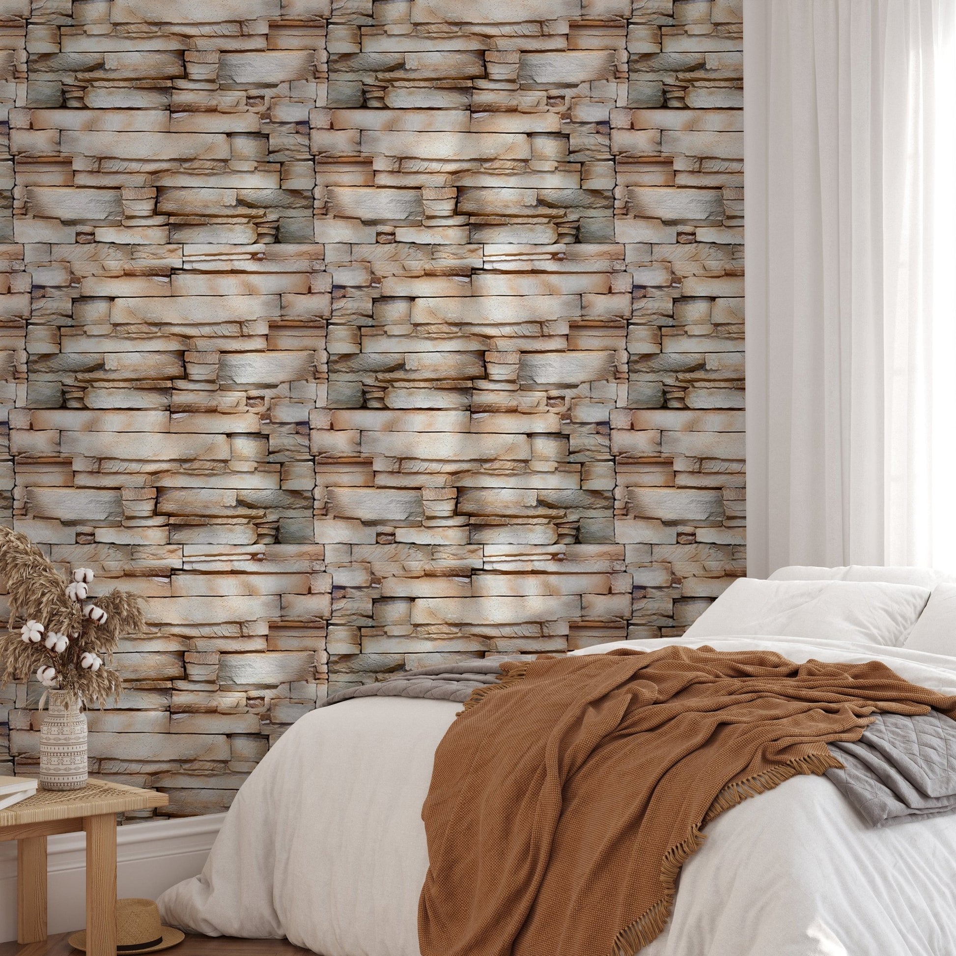 Old Vintage Sandstone Bathroom Wall Decor Wallpaper in a bedroom with orange accents.