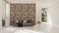 Large scale sandstone wallpaper in a spacious modern living area.