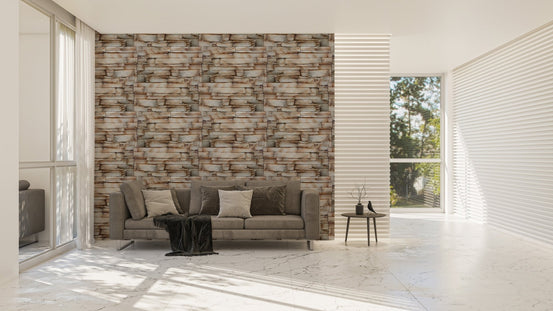 Large scale sandstone wallpaper in a spacious modern living area.