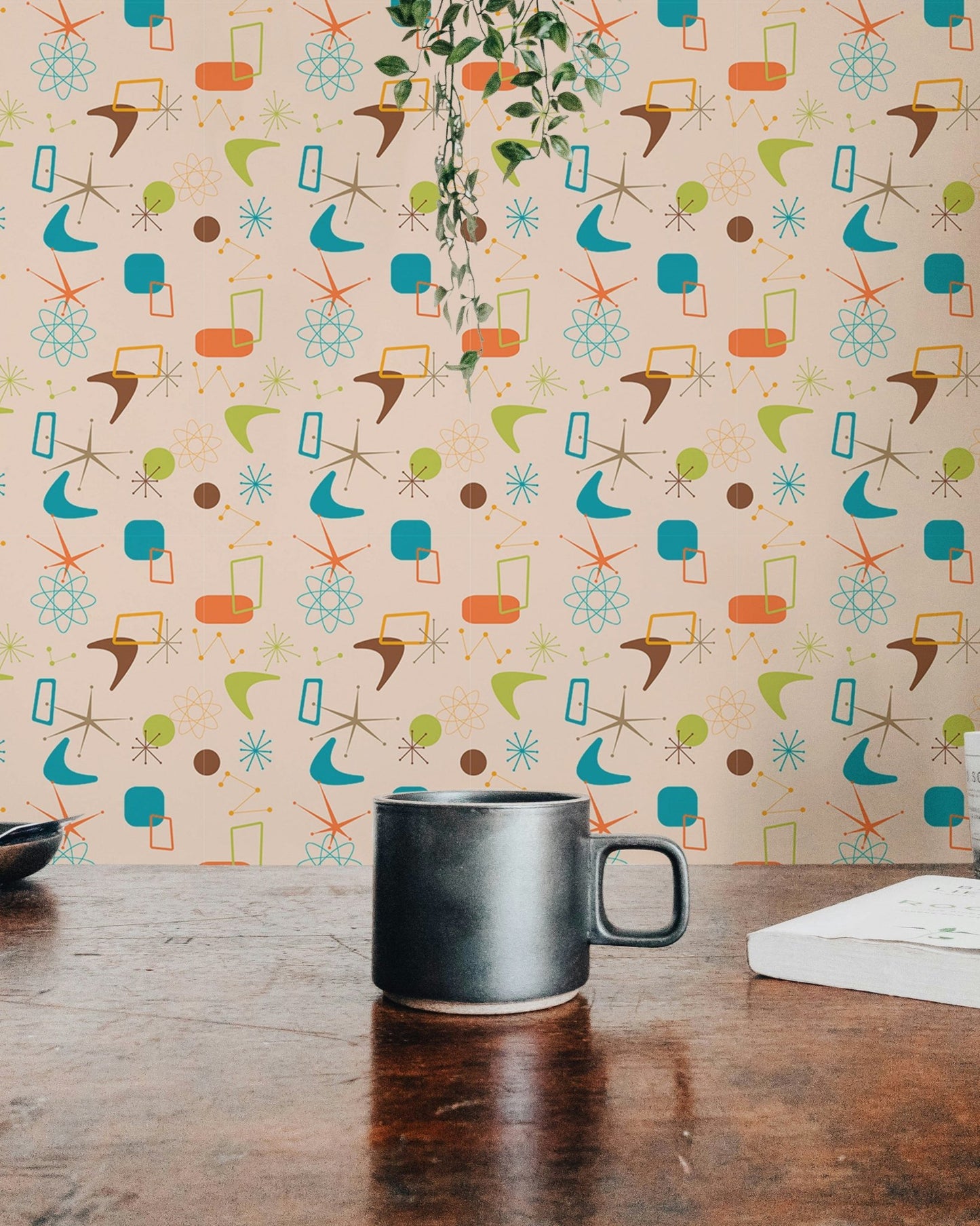Dining area wall mural in vintage style with a dark coffee mug on a wooden table foreground.