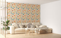 Large living room wall mural featuring vintage teal and orange geometric patterns.