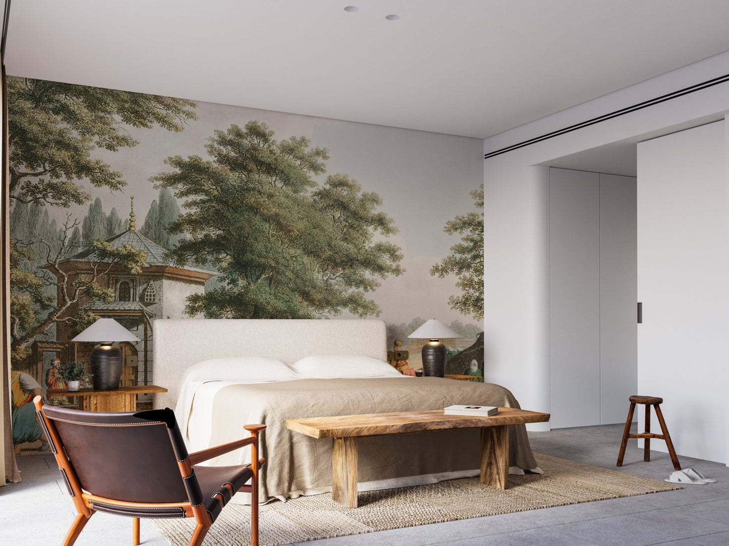 Old Vintage Village life Mural in master bedroom with beige bed linens.