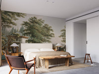 Old Vintage Village life Mural in master bedroom with beige bed linens.