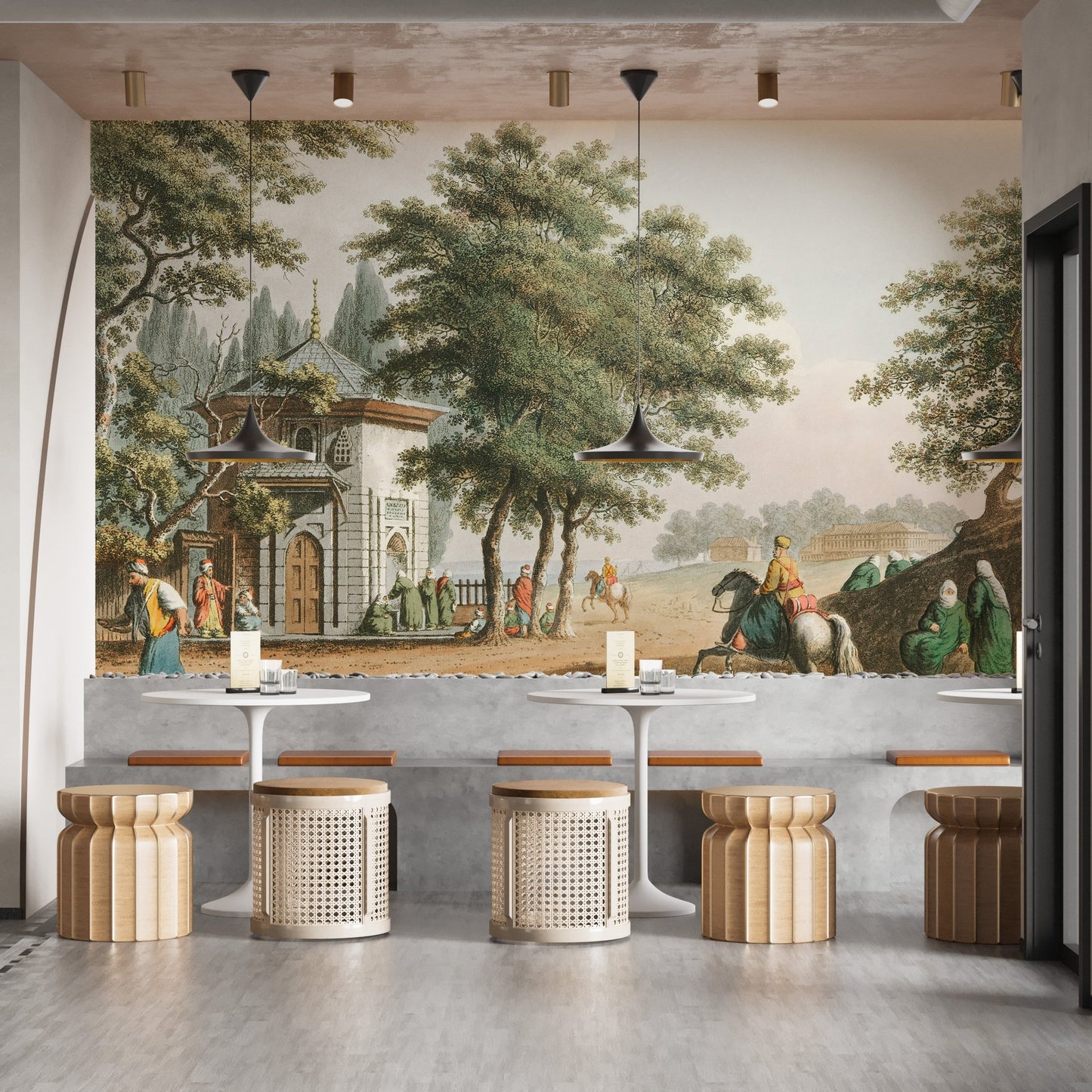 Cafe seating area with historical village wall mural and wooden stools
