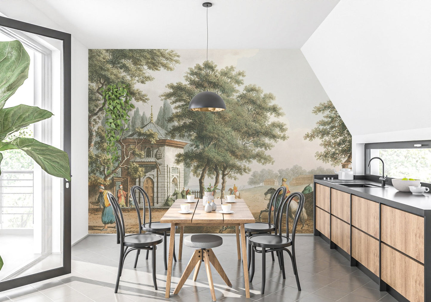 Large tree landscape village wall mural in open plan kitchen and dining space