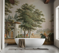 Old Vintage Village life Mural behind freestanding tub in modern bathroom