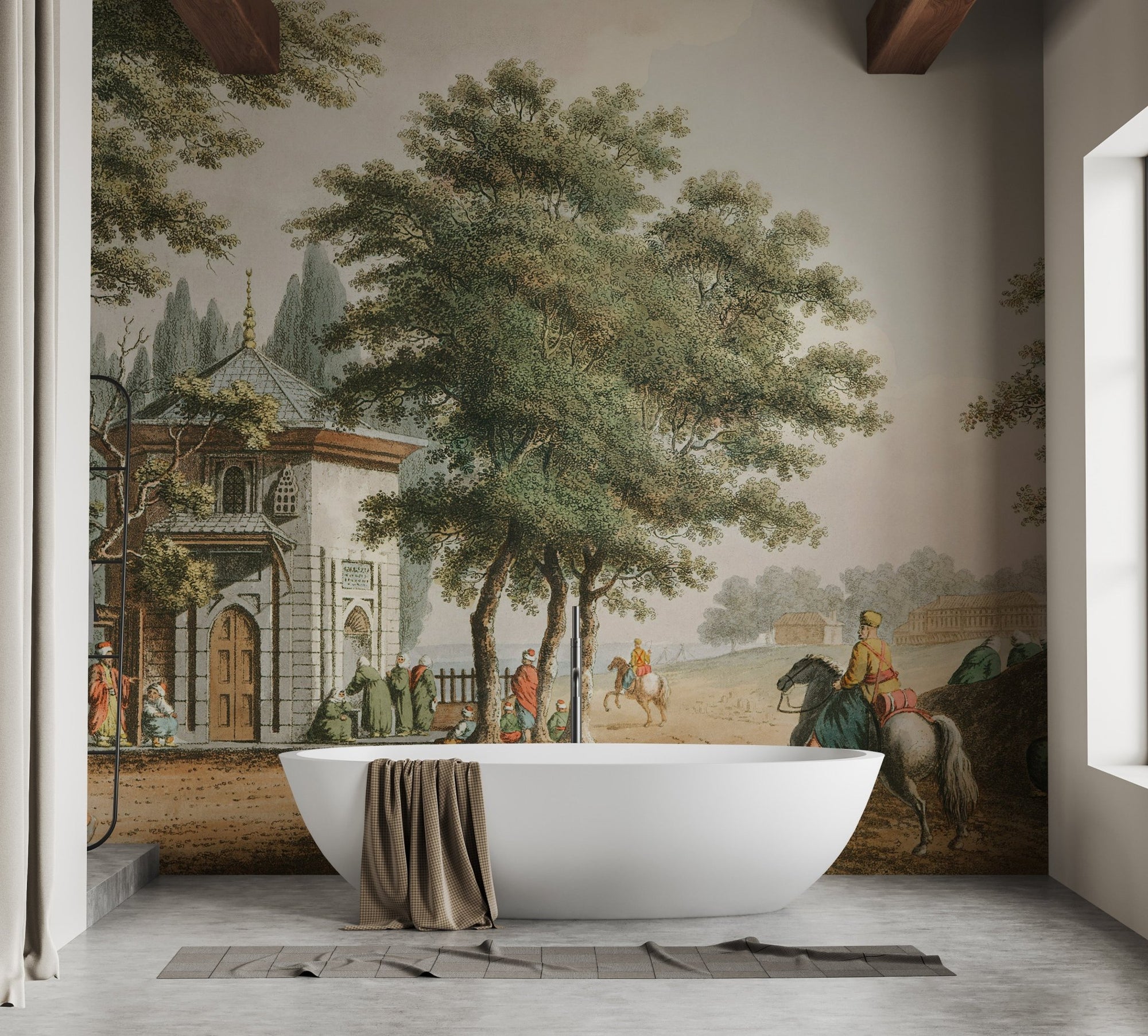 Old Vintage Village life Mural behind freestanding tub in modern bathroom