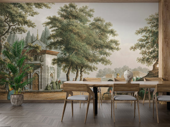 Dining room wall mural showing historical village scene with wooden table and chairs