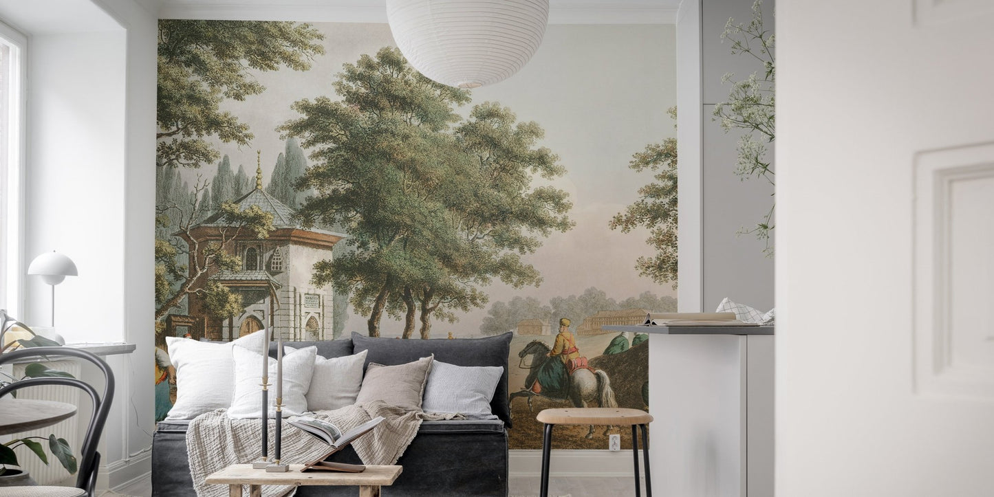 Vintage village wall mural behind black sofa and white pillars in minimalist room
