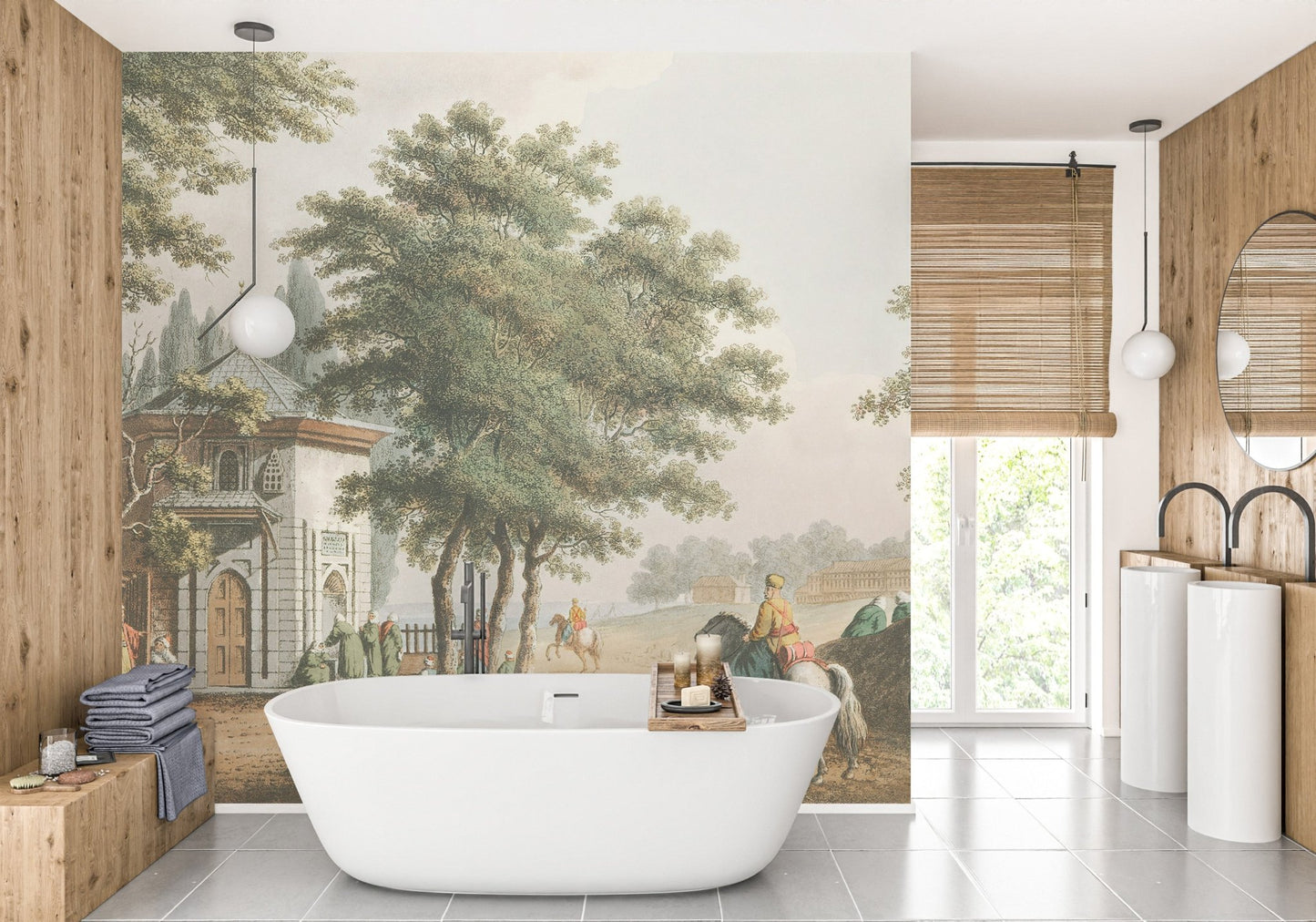 Bathroom wall mural with white bathtub and vintage village landscape scenery