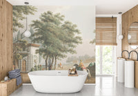 Bathroom wall mural with white bathtub and vintage village landscape scenery