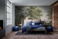 Old Vintage Village life Mural in bedroom with blue bedding.
