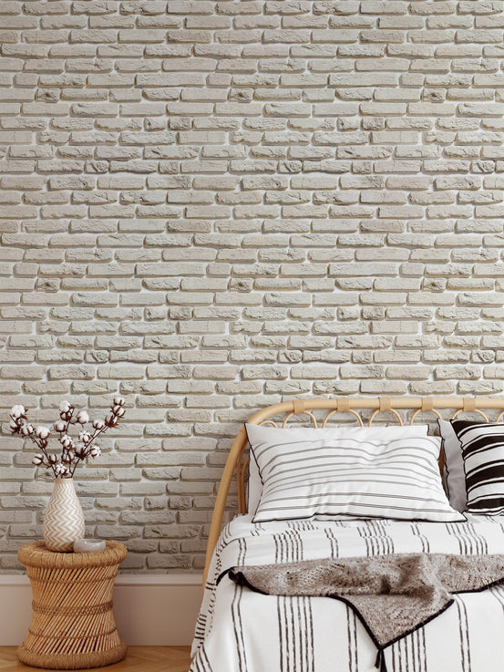Old Vintage White Color Brick Wallpaper For Walls in bedroom with wooden headboard.