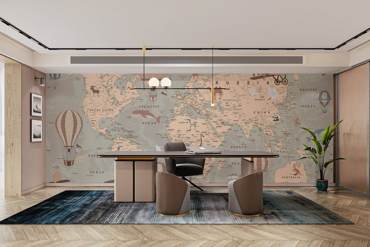 Artistic globetrotter themed wall mural with hand-drawn animal icons.