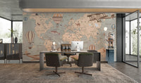 Vintage world map wall mural featuring airplanes and hot air balloons.