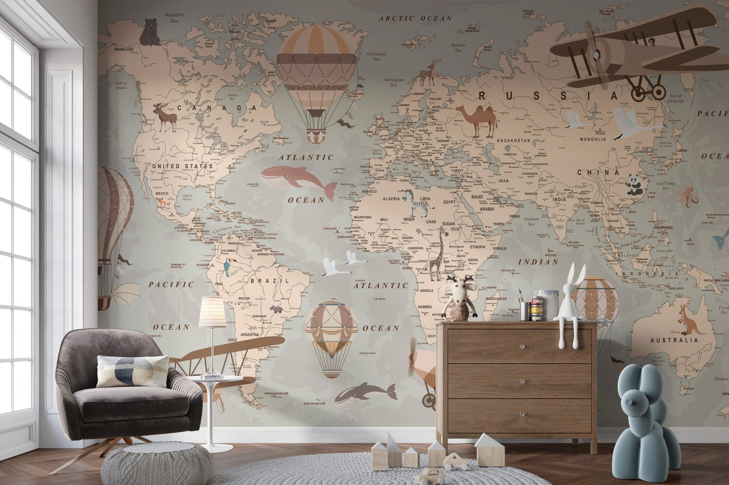 Sepia toned old world map wallpaper with illustrated animals and oceans.